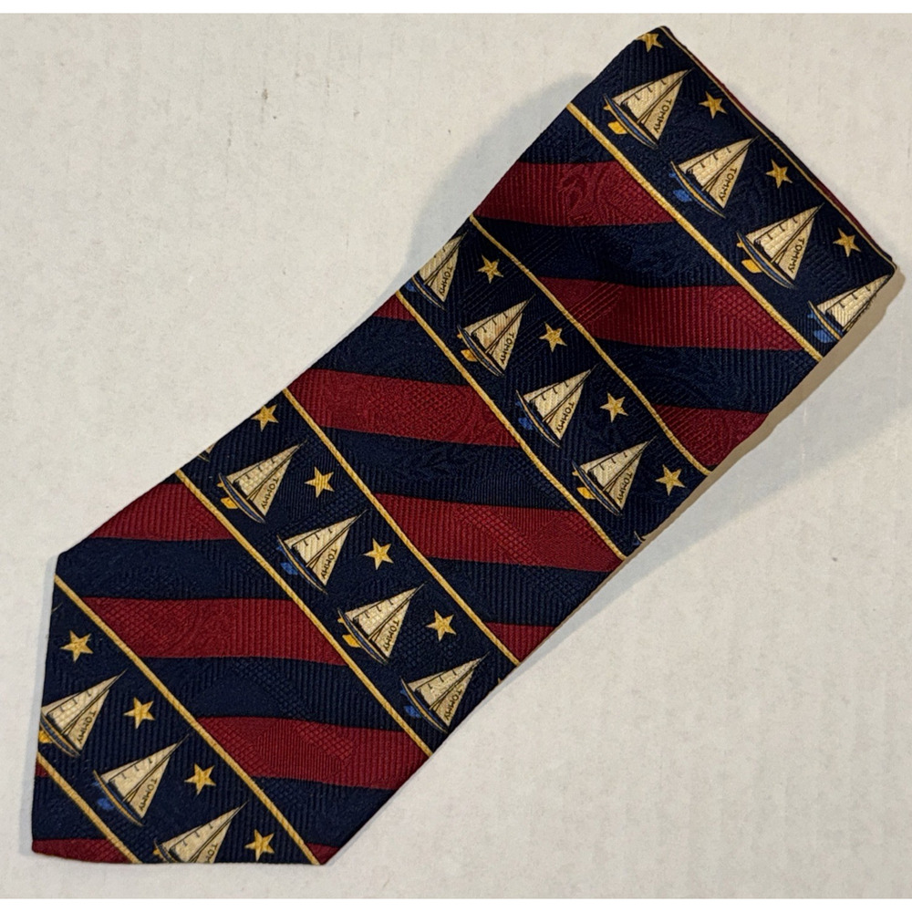 Tommy Hilfiger Nautical Tie Red Navy Sailboats Italian Silk Made in USA REPP